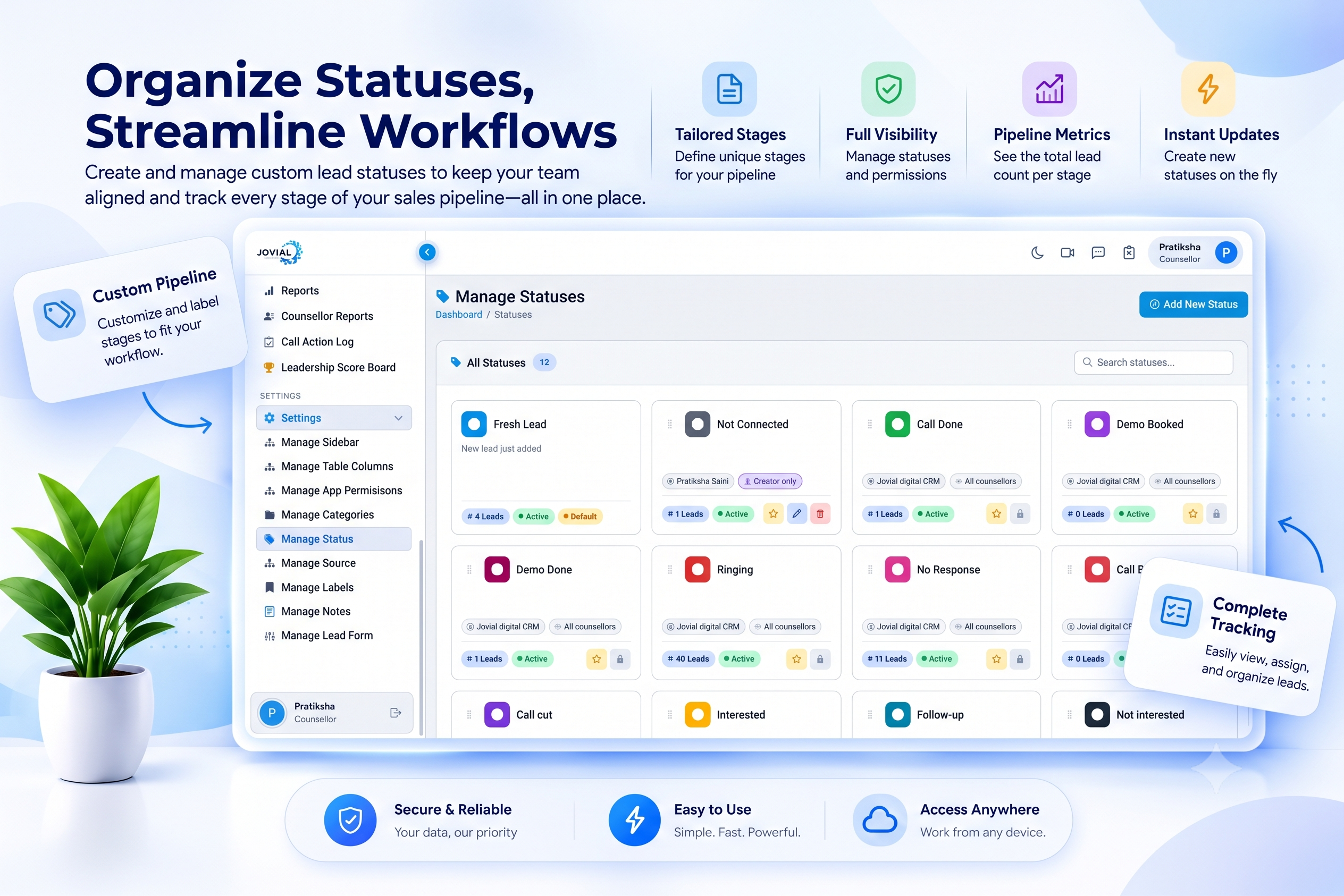 Sales Mitra CRM screen: Manage statuses